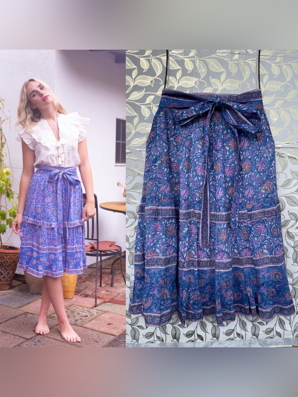 Alicia Bell Silk Cotton Smocked Tiered Midi Skirt Blue Boho Whimsigoth XS
